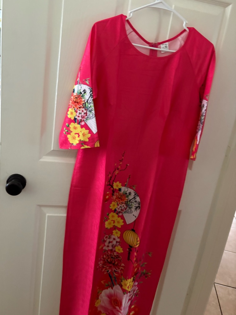 Bright Pink Floral Ao Dai Vietnamese Silk Traditional Dress